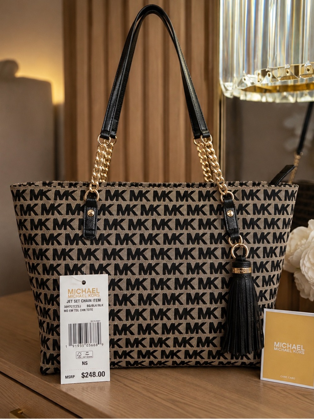 Michael Kors Tan/Black MK Monogram Tote with Tassel